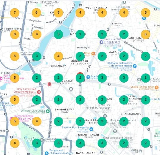 Google Maps rank grid across Dhaka