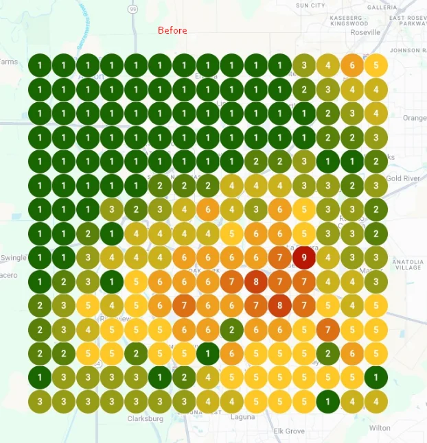 Before: mixed rankings, many grid points at #4–9